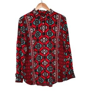Talbots Floral‎ Retro Button Up Top Size L Geometric Bright Career Office
